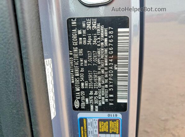 5XYPGDA34LG676587 2020 KIA SORENTO Gray VIN կոդի պիտակի տեսք