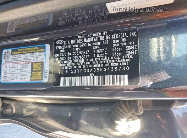5XYPGDA35KG438780 2019 KIA SORENTO Gray VIN կոդի պիտակի տեսք