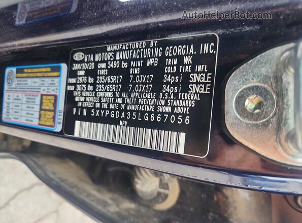 5XYPGDA35LG667056 2020 KIA SORENTO Blue VIN კოდის სტიკერის ხედი