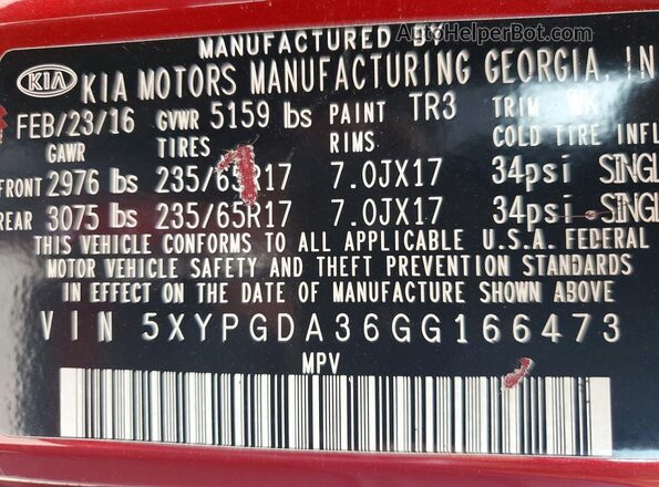 5XYPGDA36GG166473 2016 KIA SORENTO Burgundy VIN կոդի պիտակի տեսք