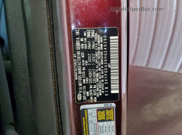 5XYPGDA36HG249290 2017 KIA SORENTO Бордовый Вид наклейки с VIN-кодом
