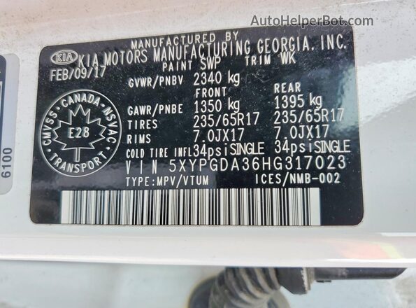 5XYPGDA36HG317023 2017 KIA SORENTO White VIN կոդի պիտակի տեսք