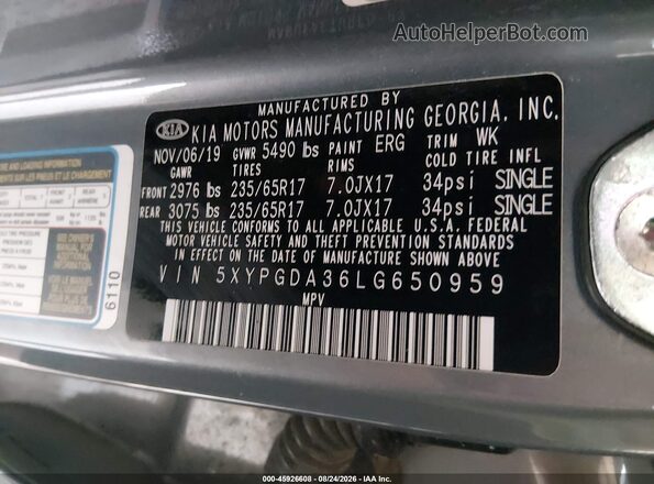 5XYPGDA36LG650959 2020 KIA SORENTO Синий Вид подкапотного пространства