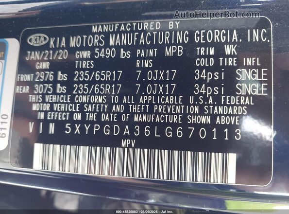 5XYPGDA36LG670113 2020 KIA SORENTO Blue Вид підкапотного простору