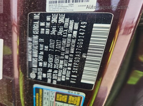 5XYPGDA37GG014749 2016 KIA SORENTO Purple VIN կոդի պիտակի տեսք