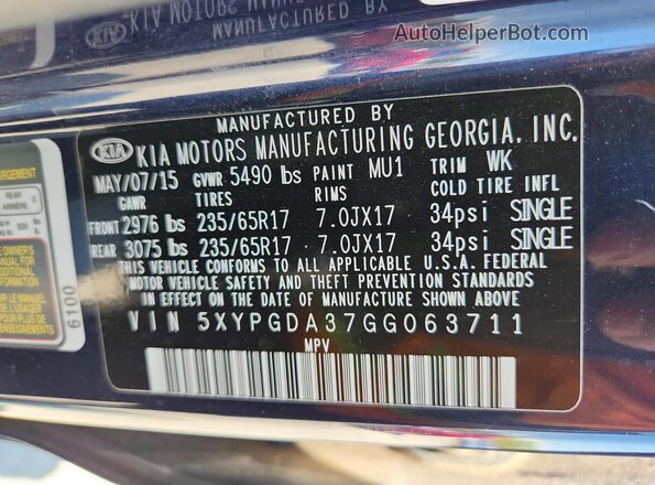 5XYPGDA37GG063711 2016 KIA SORENTO Blue Vista interior de 360 grados