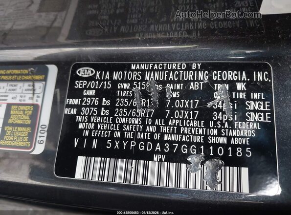 5XYPGDA37GG110185 2016 KIA SORENTO Gray Շարժիչի բաժամունքի տեսք