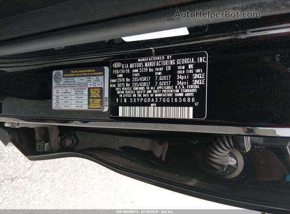 5XYPGDA37GG165686 2016 KIA SORENTO Black ძრავის განყოფილების ხედი