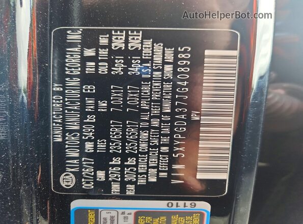 5XYPGDA37JG408985 2018 KIA SORENTO Black VIN կոդի պիտակի տեսք