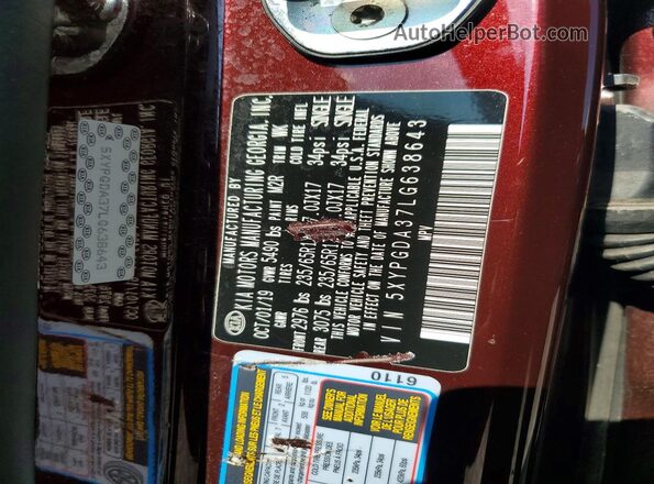 5XYPGDA37LG638643 2020 KIA SORENTO Burgundy Widok naklejki z numerem VIN
