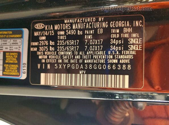 5XYPGDA38GG066388 2016 KIA SORENTO Black 