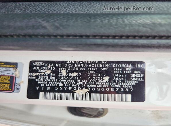 5XYPGDA38GG087337 2016 KIA SORENTO Белый Вид наклейки с VIN-кодом