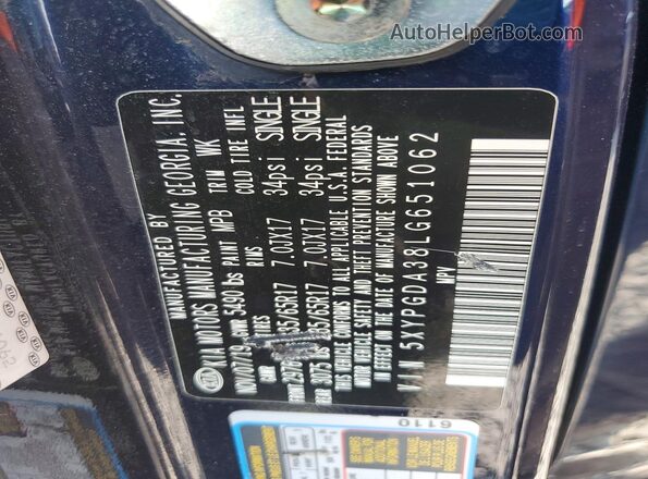 5XYPGDA38LG651062 2020 KIA SORENTO Blue Вид наклейки з VIN-кодом