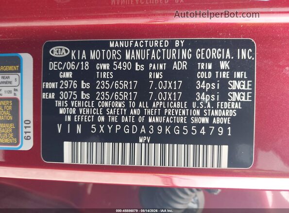5XYPGDA39KG554791 2019 KIA SORENTO Red ძრავის განყოფილების ხედი
