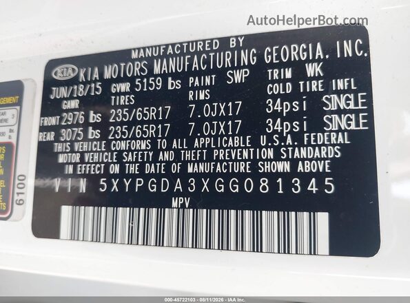 5XYPGDA3XGG081345 2016 KIA SORENTO White Շարժիչի բաժամունքի տեսք