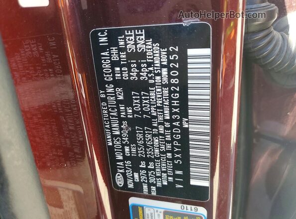 5XYPGDA3XHG280252 2017 KIA SORENTO Burgundy Вид наклейки з VIN-кодом
