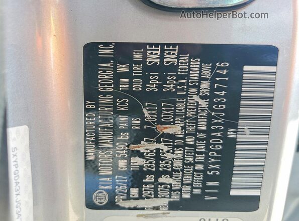 5XYPGDA3XJG347146 2018 KIA SORENTO Silver Vista de la etiqueta del VIN