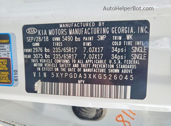 5XYPGDA3XKG526045 2019 KIA SORENTO White VIN կոդի պիտակի տեսք