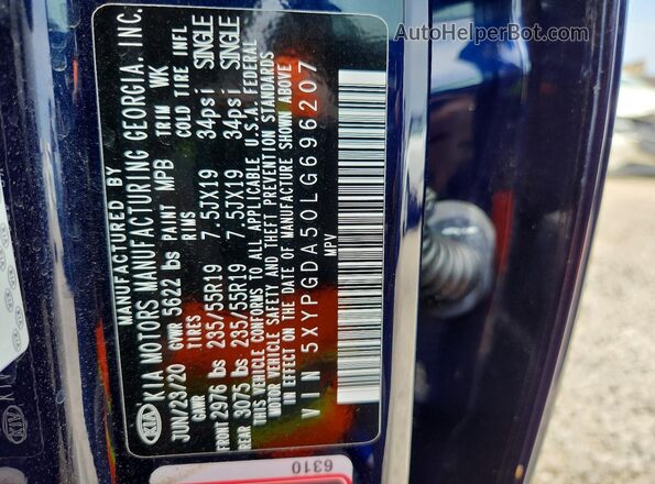 5XYPGDA50LG696207 2020 KIA SORENTO Синий Вид наклейки с VIN-кодом