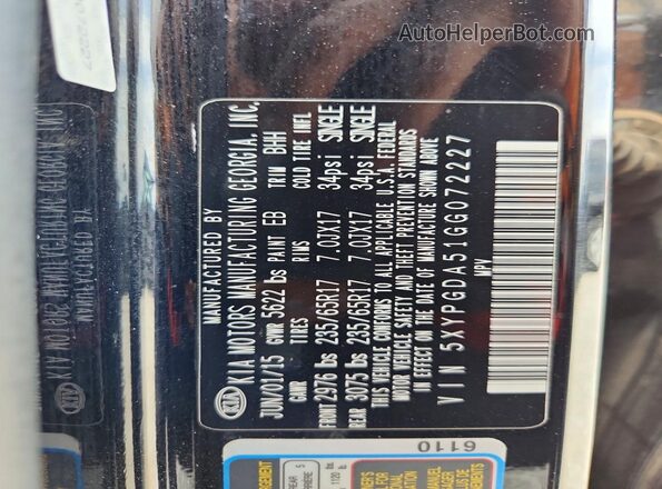 5XYPGDA51GG072227 2016 KIA SORENTO Black Widok naklejki z numerem VIN