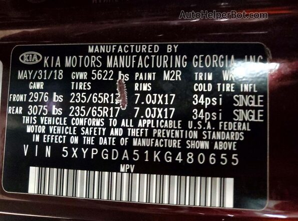 5XYPGDA51KG480655 2019 KIA SORENTO Бордовый Вид наклейки с VIN-кодом