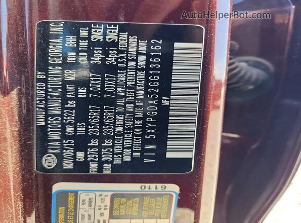5XYPGDA52GG136162 2016 KIA SORENTO Burgundy 