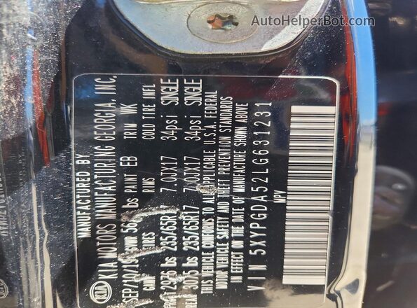 5XYPGDA52LG631231 2020 KIA SORENTO Two Tone VIN sticker view