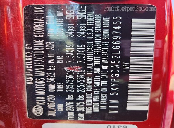 5XYPGDA52LG697455 2020 KIA SORENTO Red Widok naklejki z numerem VIN