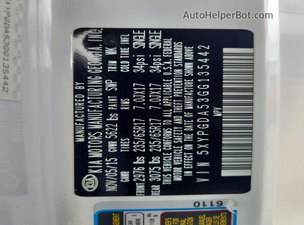 5XYPGDA53GG135442 2016 KIA SORENTO White VIN sticker view
