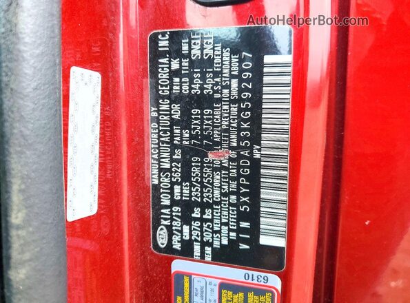 5XYPGDA53KG592907 2019 KIA SORENTO Red სალონის 360-გრადუსიანი ხედი