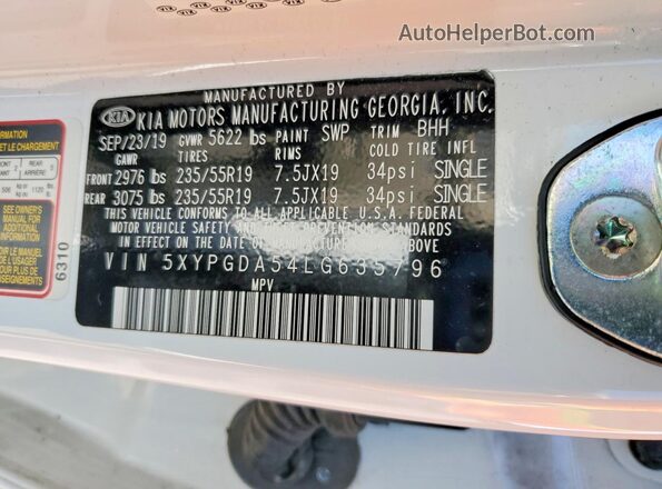 5XYPGDA54LG635796 2020 KIA SORENTO Белый Панорамный вид салона 360°