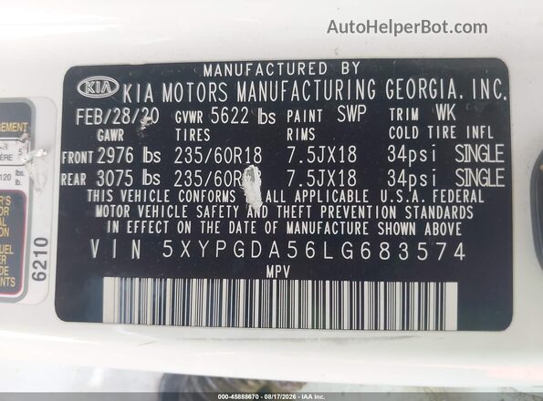 5XYPGDA56LG683574 2020 KIA SORENTO White Engine compartment view