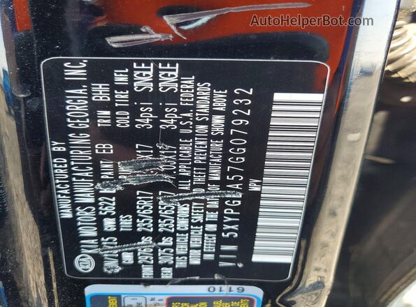 5XYPGDA57GG079232 2016 KIA SORENTO Black VIN կոդի պիտակի տեսք