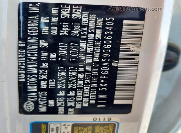5XYPGDA59GG063405 2016 KIA SORENTO White Widok naklejki z numerem VIN