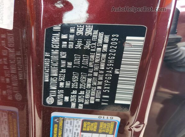 5XYPGDA59HG202093 2017 KIA SORENTO Burgundy Widok naklejki z numerem VIN