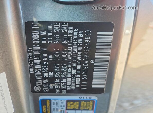 5XYPGDA59HG249690 2017 KIA SORENTO Gray Widok komory silnika
