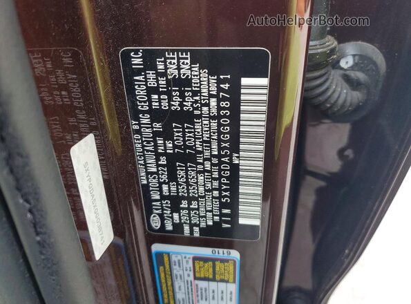 5XYPGDA5XGG038741 2016 KIA SORENTO Maroon VIN კოდის სტიკერის ხედი