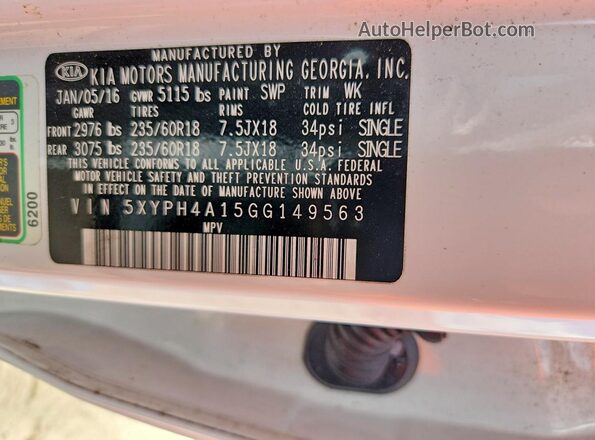 5XYPH4A15GG149563 2016 KIA SORENTO White VIN sticker view
