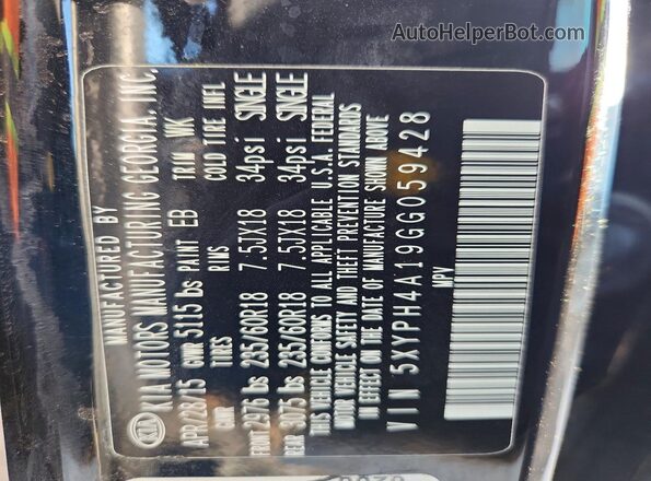 5XYPH4A19GG059428 2016 KIA SORENTO Black Widok naklejki z numerem VIN