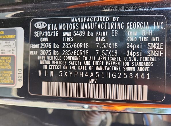 5XYPH4A51HG253441 2017 KIA SORENTO Black Вид наклейки з VIN-кодом