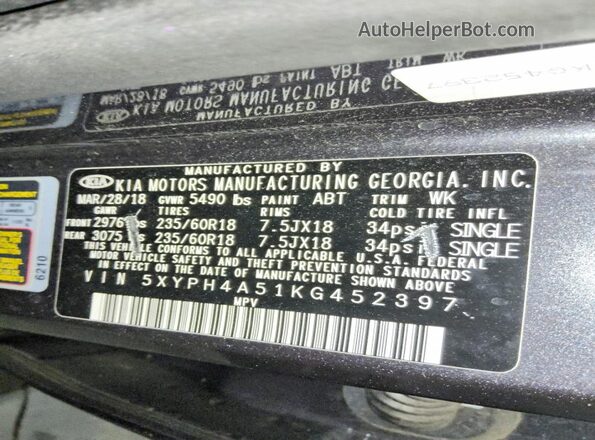 5XYPH4A51KG452397 2019 KIA SORENTO Gray Widok naklejki z numerem VIN