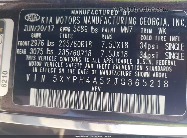 5XYPH4A52JG365218 2018 KIA SORENTO Brown Engine compartment view