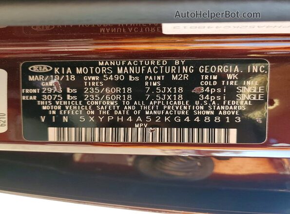 5XYPH4A52KG448813 2019 KIA SORENTO Burgundy VIN sticker view
