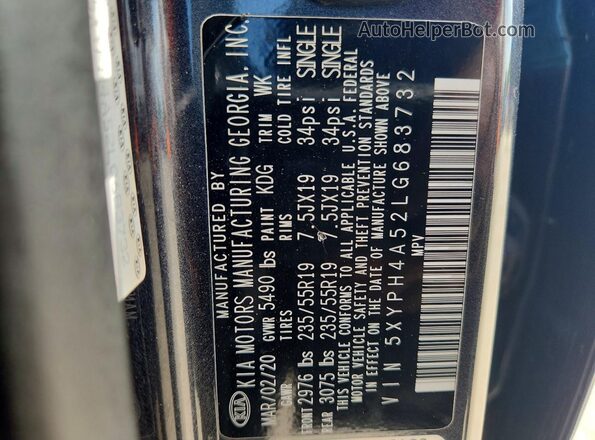 5XYPH4A52LG683732 2020 KIA SORENTO Gray Widok naklejki z numerem VIN