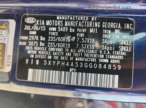 5XYPH4A53GG084859 2016 KIA SORENTO Blue Вид наклейки з VIN-кодом