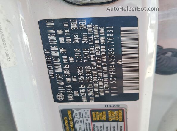 5XYPH4A53GG176831 2016 KIA SORENTO White 