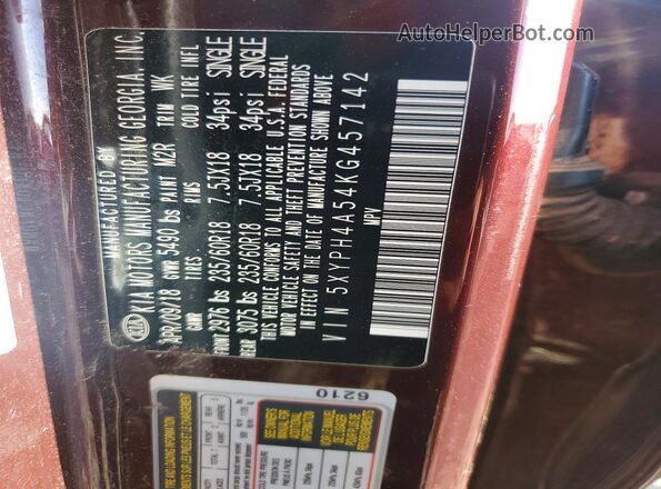5XYPH4A54KG457142 2019 KIA SORENTO Burgundy VIN კოდის სტიკერის ხედი