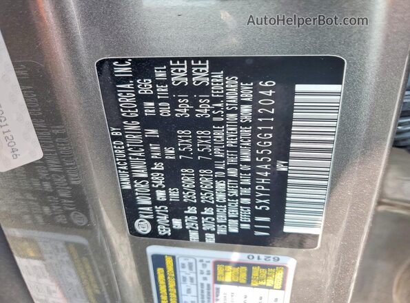 5XYPH4A55GG112046 2016 KIA SORENTO Серый Вид наклейки с VIN-кодом