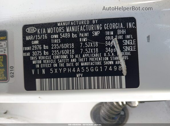 5XYPH4A55GG174983 2016 KIA SORENTO White ძრავის განყოფილების ხედი