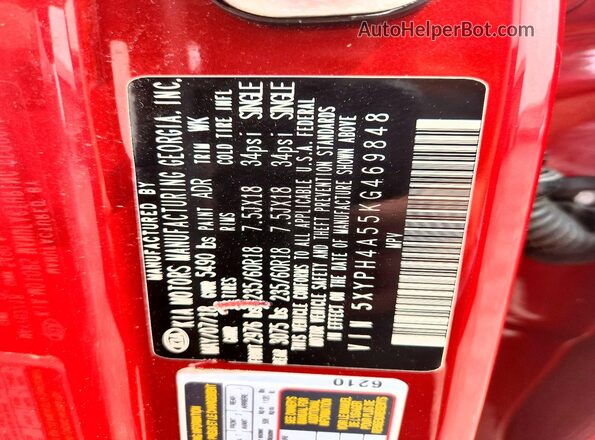 5XYPH4A55KG469848 2019 KIA SORENTO Red Vista de la etiqueta del VIN